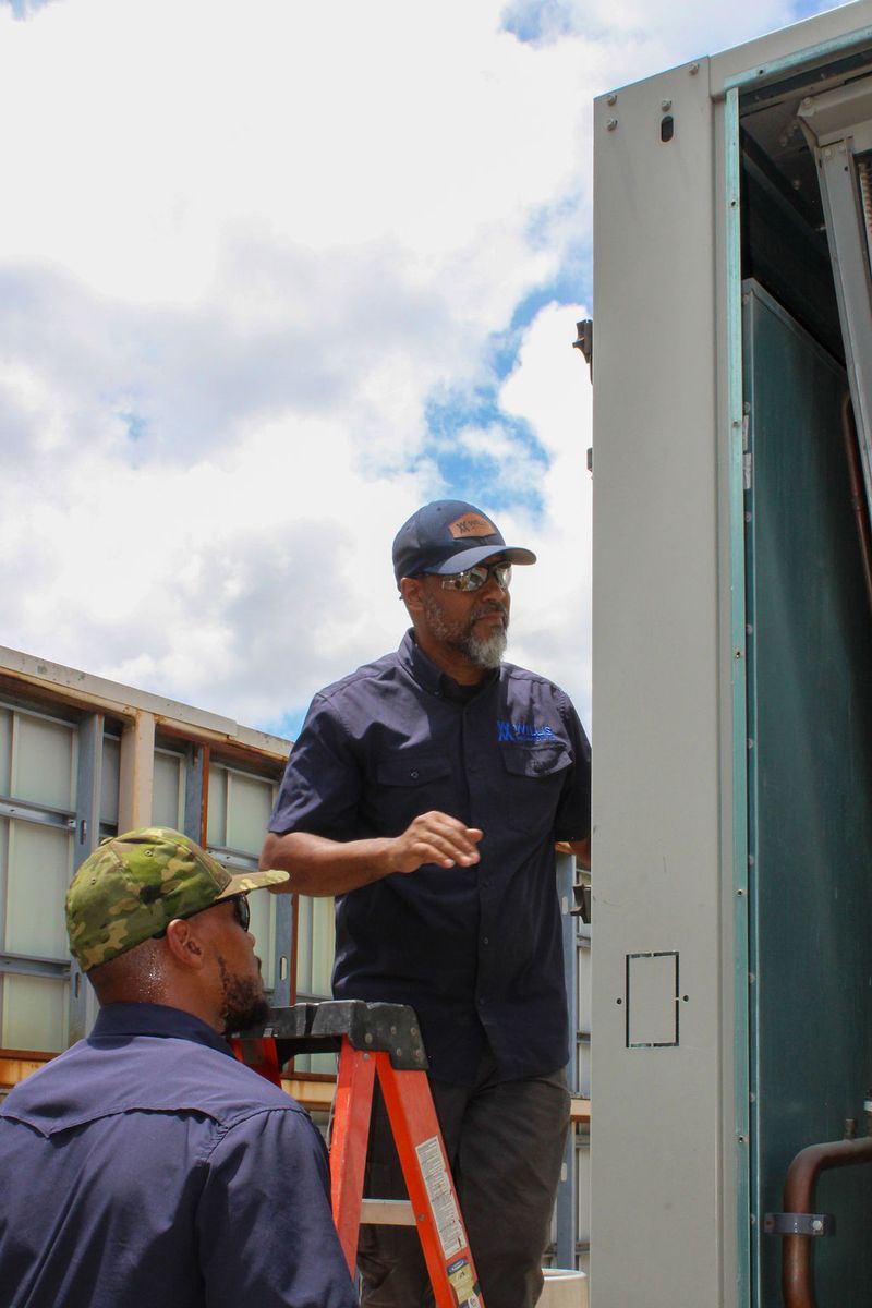 Senior technician on a ladder explaining a repair to a colleague